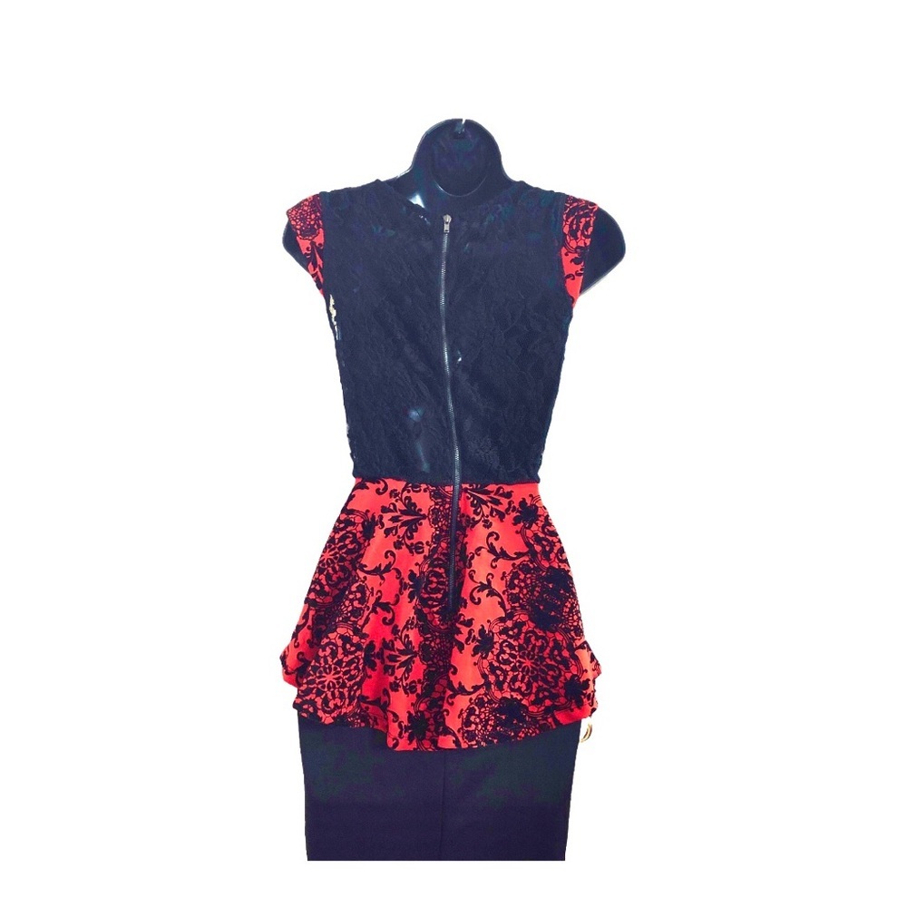 Red black floral embroidered lace back peplum fitted dress size small brand new - Picture 3 of 16